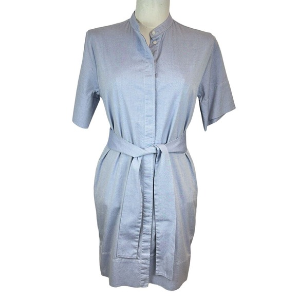 EUC Everlane Sz 2 Collarless Belted Shirt Dress. Shift Pockets. Cotton Blue - Picture 8 of 12